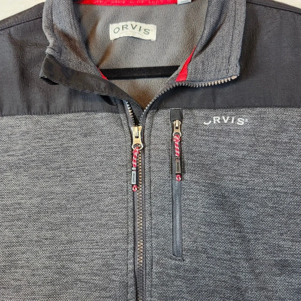 Orvis Mens Full Zip Fleece Jacket Grey‎ Black Textured Knit Mock Neck Large